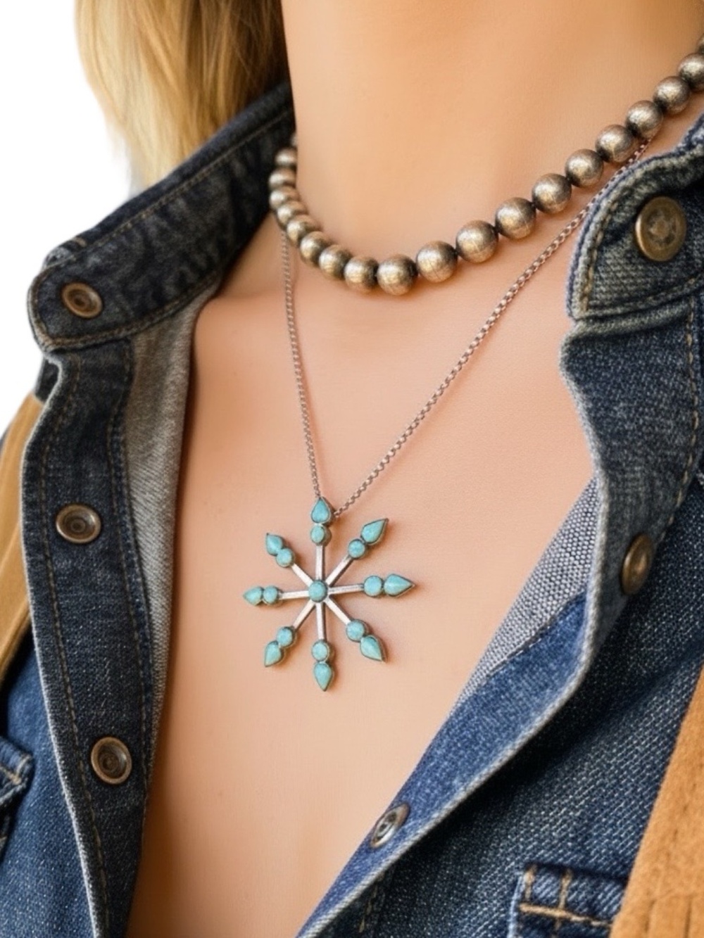 Zuni Vera Halusewa Sterling Silver Turquoise Snowflake Pin Pendant Necklace - Picture 3 of 17